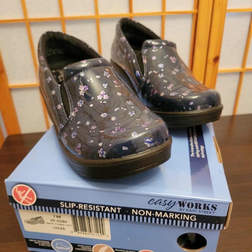 Easy Works Navy Floral Patent Work Clogs